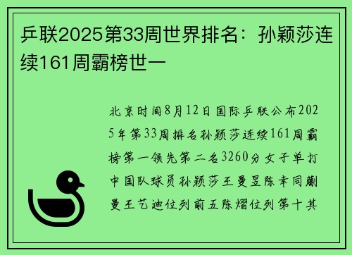 乒联2025第33周世界排名：孙颖莎连续161周霸榜世一